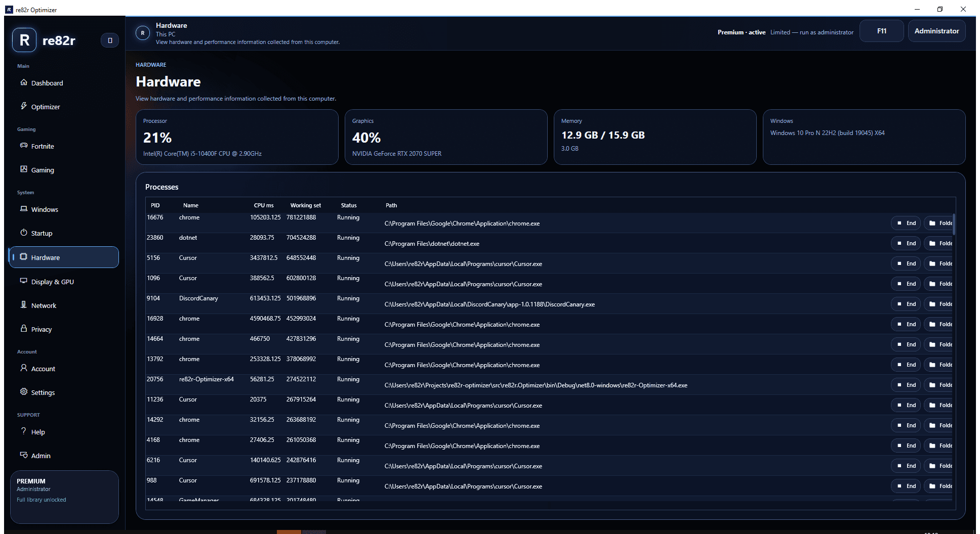 Hardware page showing CPU, GPU, memory, and running processes from this PC