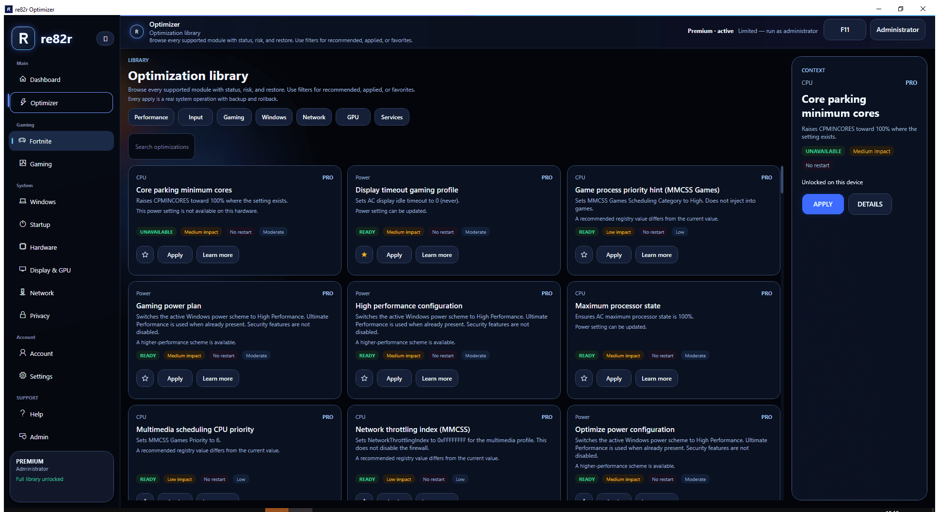 re82r Optimizer library with apply, restore, and module status